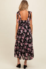 Black Floral Print Tie Strap Maternity Midi Dress