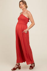 Scarlet Back Cutout Smocked Halter Wide Leg Maternity Jumpsuit