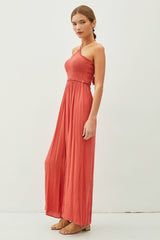 Scarlet Back Cutout Smocked Halter Wide Leg Jumpsuit