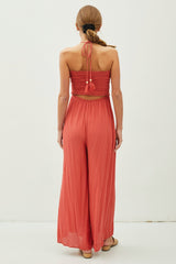 Scarlet Back Cutout Smocked Halter Wide Leg Jumpsuit