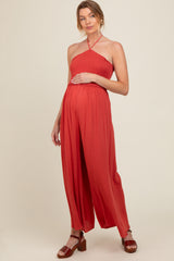 Scarlet Back Cutout Smocked Halter Wide Leg Maternity Jumpsuit