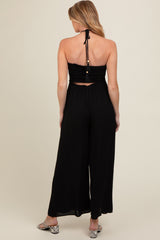 Black Back Cutout Smocked Halter Wide Leg Maternity Jumpsuit