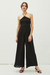 Black Back Cutout Smocked Halter Wide Leg Maternity Jumpsuit