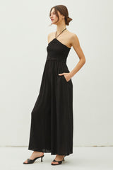 Black Back Cutout Smocked Halter Wide Leg Jumpsuit