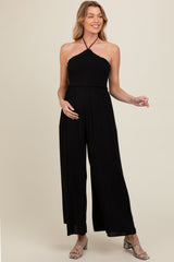 Black Back Cutout Smocked Halter Wide Leg Maternity Jumpsuit