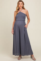 Indigo Back Cutout Smocked Halter Wide Leg Maternity Jumpsuit