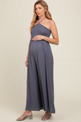 Indigo Back Cutout Smocked Halter Wide Leg Maternity Jumpsuit