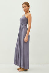 Indigo Back Cutout Smocked Halter Wide Leg Jumpsuit