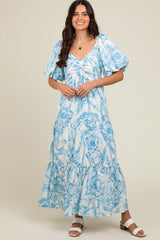 Blue Floral Cinched Tie Maxi Dress