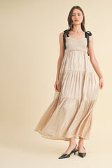 Beige Tiered Satin Tie-Strap Maxi Dress