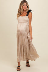 Beige Tiered Satin Tie-Strap Maternity Maxi Dress