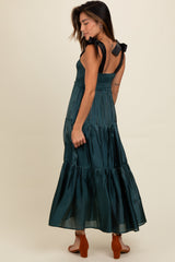 Teal Tiered Satin Tie-Strap Maxi Dress