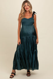 Teal Tiered Satin Tie-Strap Maternity Maxi Dress