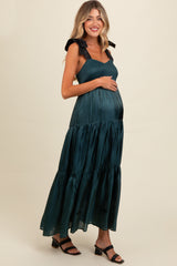 Teal Tiered Satin Tie-Strap Maternity Maxi Dress