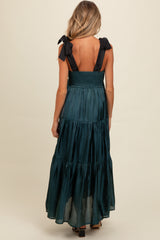 Teal Tiered Satin Tie-Strap Maternity Maxi Dress