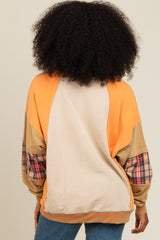 Peach Colorblock Plaid Dolman Sleeve Pullover