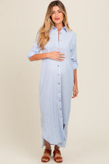 Light Blue Striped Button Down Maternity Maxi Dress