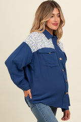 Navy Blue Colorblock Floral Maternity Button Down