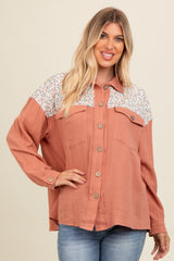 Salmon Colorblock Floral Maternity Button Down