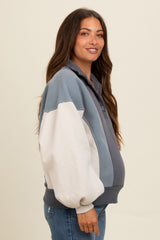 Blue Colorblock Snap Button Maternity Polo Sweatshirt