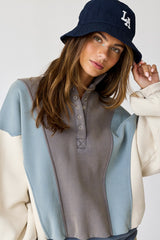 Blue Colorblock Snap Button Polo Sweatshirt