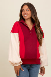 Red Colorblock Snap Button Maternity Polo Sweatshirt