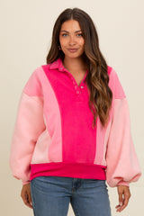 Pink Colorblock Snap Button Maternity Polo Sweatshirt