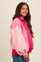 Pink Colorblock Snap Button Maternity Polo Sweatshirt