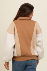 Beige Colorblock Snap Button Maternity Polo Sweatshirt