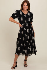 Black Embroidered Sash Tie Midi Dress