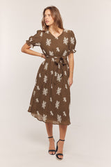 Brown Embroidered Sash Tie Maternity Midi Dress