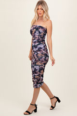 Navy Floral Ruched Fitted Midi Dress