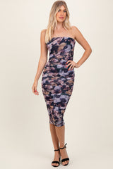 Navy Floral Ruched Fitted Midi Dress