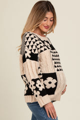 Beige Floral Mixed Print Cable Knit Maternity Sweater