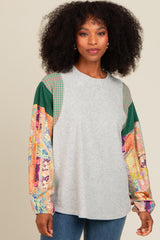 Heather Grey Mixed Print Bubble Sleeve Top