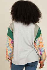 Heather Grey Mixed Print Bubble Sleeve Top