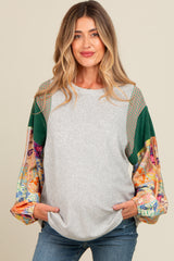 Heather Grey Mixed Print Bubble Sleeve Maternity Top