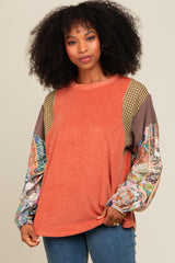 Rust Mixed Print Bubble Sleeve Top