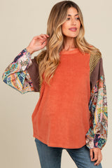 Rust Mixed Print Bubble Sleeve Maternity Top