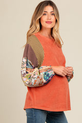 Rust Mixed Print Bubble Sleeve Maternity Top