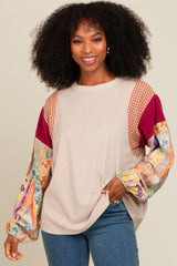 Beige Mixed Print Bubble Sleeve Maternity Top