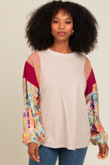 Beige Mixed Print Bubble Sleeve Top