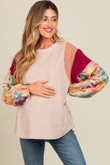 Beige Mixed Print Bubble Sleeve Maternity Top