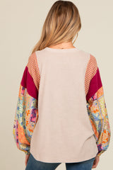 Beige Mixed Print Bubble Sleeve Maternity Top