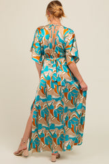 Light Blue Printed Deep V-Neck Maternity Maxi Dress