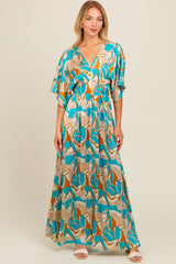 Light Blue Printed Deep V-Neck Maxi Dress