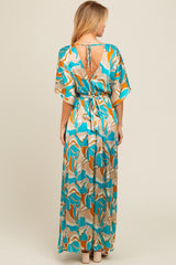 Light Blue Printed Deep V-Neck Maxi Dress