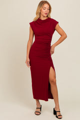 Burgundy Ruched Mock Neck Maternity Slit Midi Dress