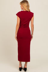 Burgundy Ruched Mock Neck Slit Midi Dress