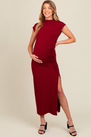 Burgundy Ruched Mock Neck Maternity Slit Midi Dress